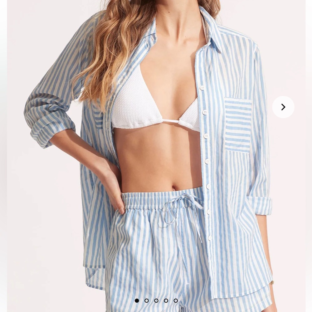 Seafolly Australia Boyfriend Button Up Beach Shirt Cover-up Blue White Striped L